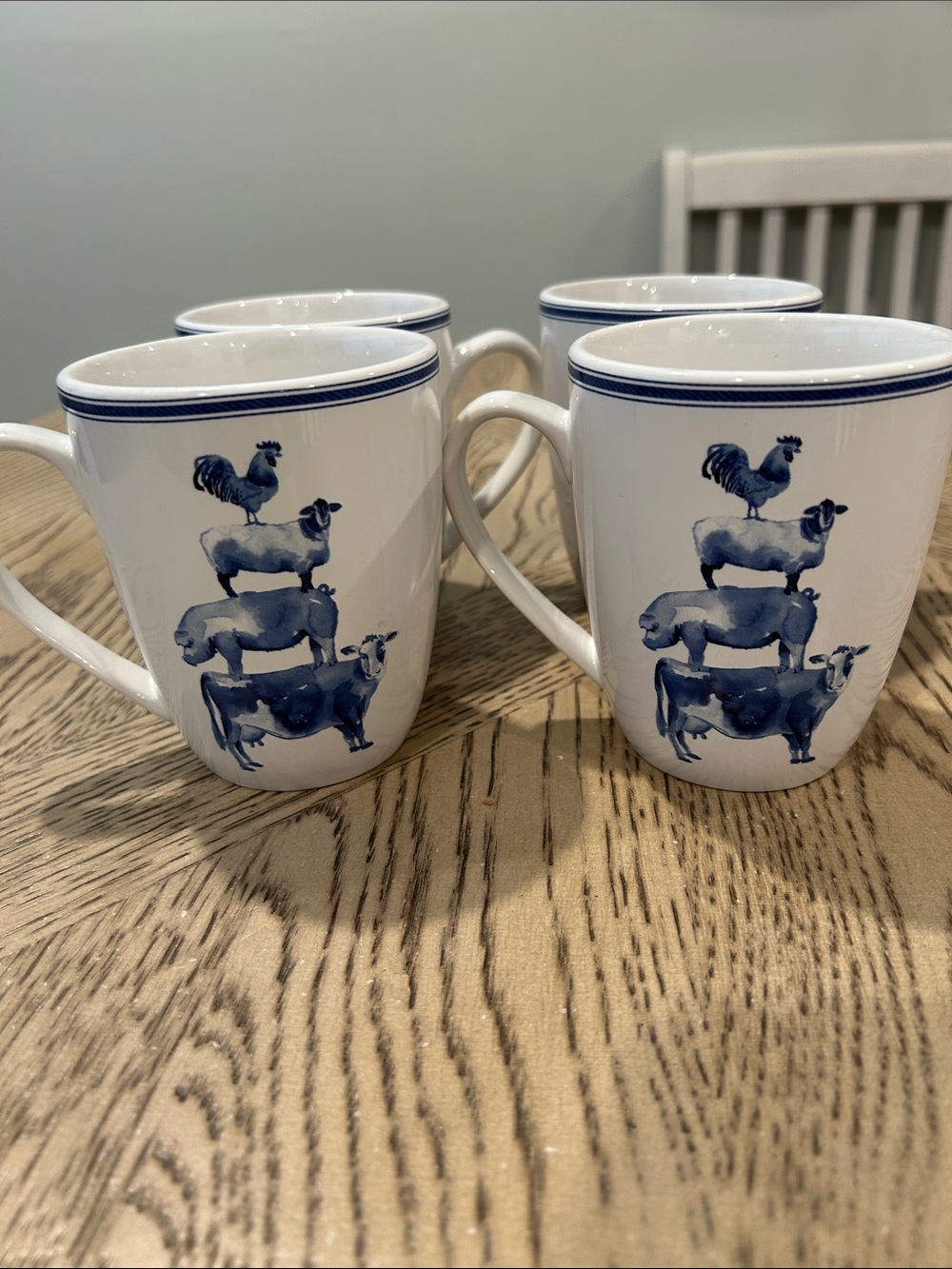 Paula Deen Country Barnyard Ceramic Mug Set of 4- White and Blue
